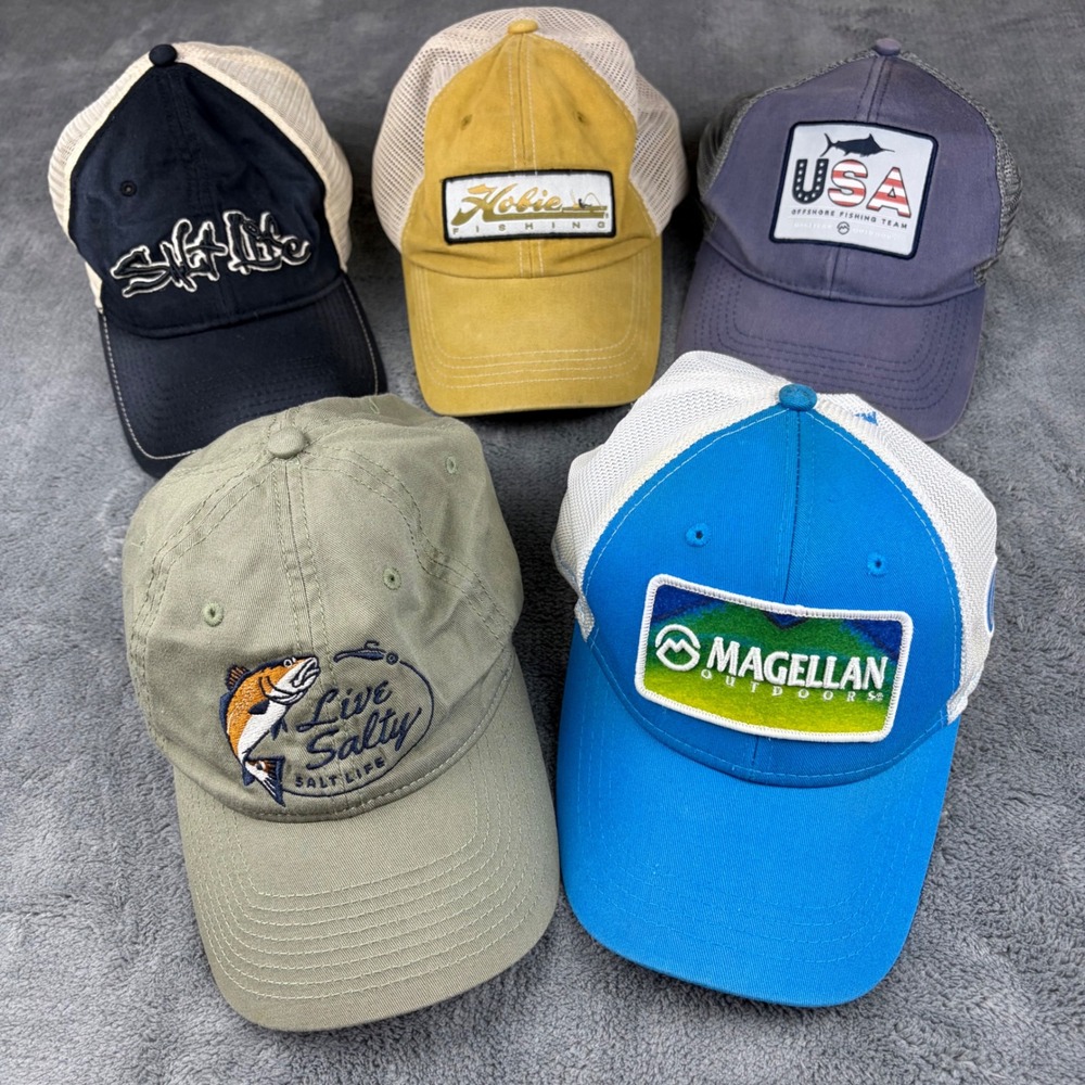 Lot of 5 Fishing Hats Salt Life Magellan Hobie USA Offshore Trucker Dad Caps Men